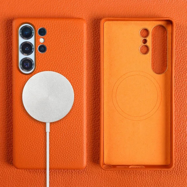 Кожаный чехол для Samsung S25 Ultra оранжевый