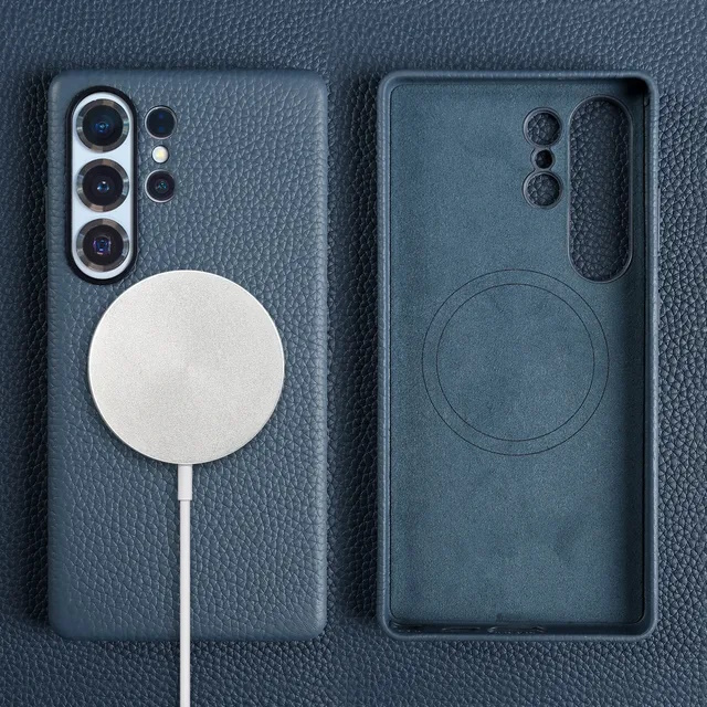 Кожаный чехол для Samsung S25 Ultra синий